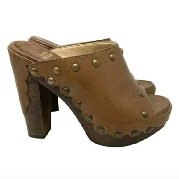 Stuart Weitzman Sequoia Brown Leather Studded Open Toe Wood Clogs - Size 6.5 - Picture 4 of 9